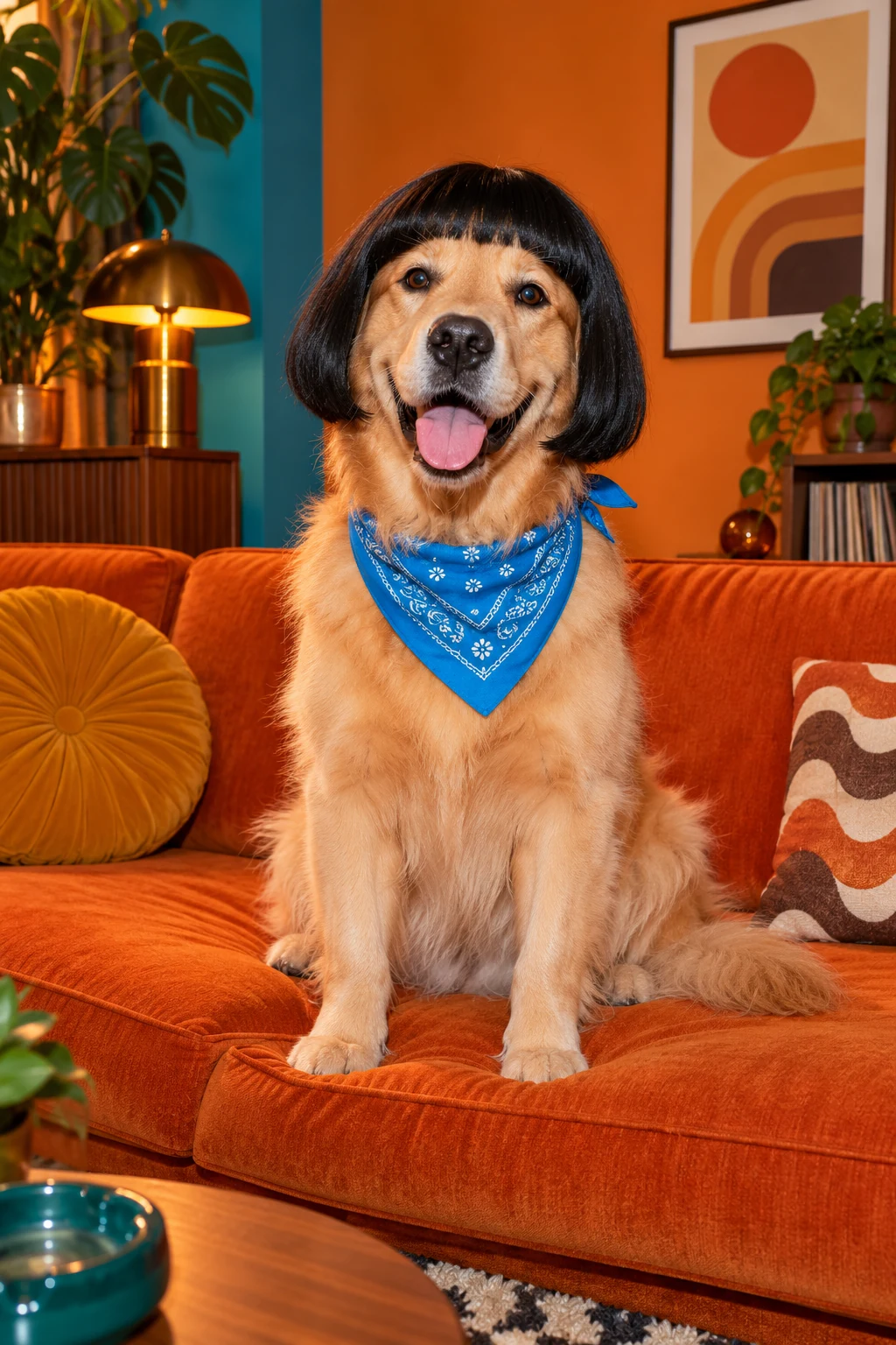 Concept portrait of a golden retriever in a playful wig