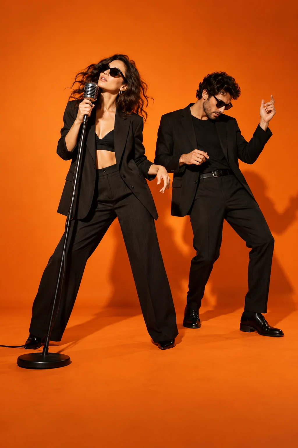 Concept of two fictional performers in an orange studio