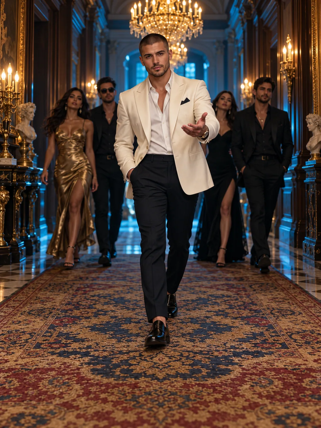 Original concept artwork of a lead performer approaching the camera in a mansion hallway with an entourage, not a generated video