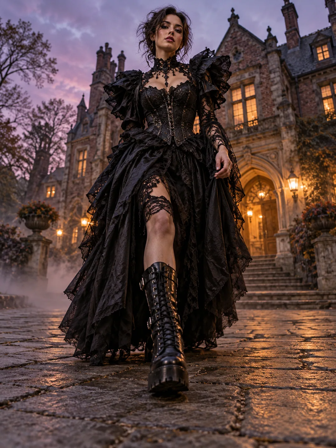 Original concept artwork of a costumed adult approaching a low camera with shoes and outfit visible, not a generated video